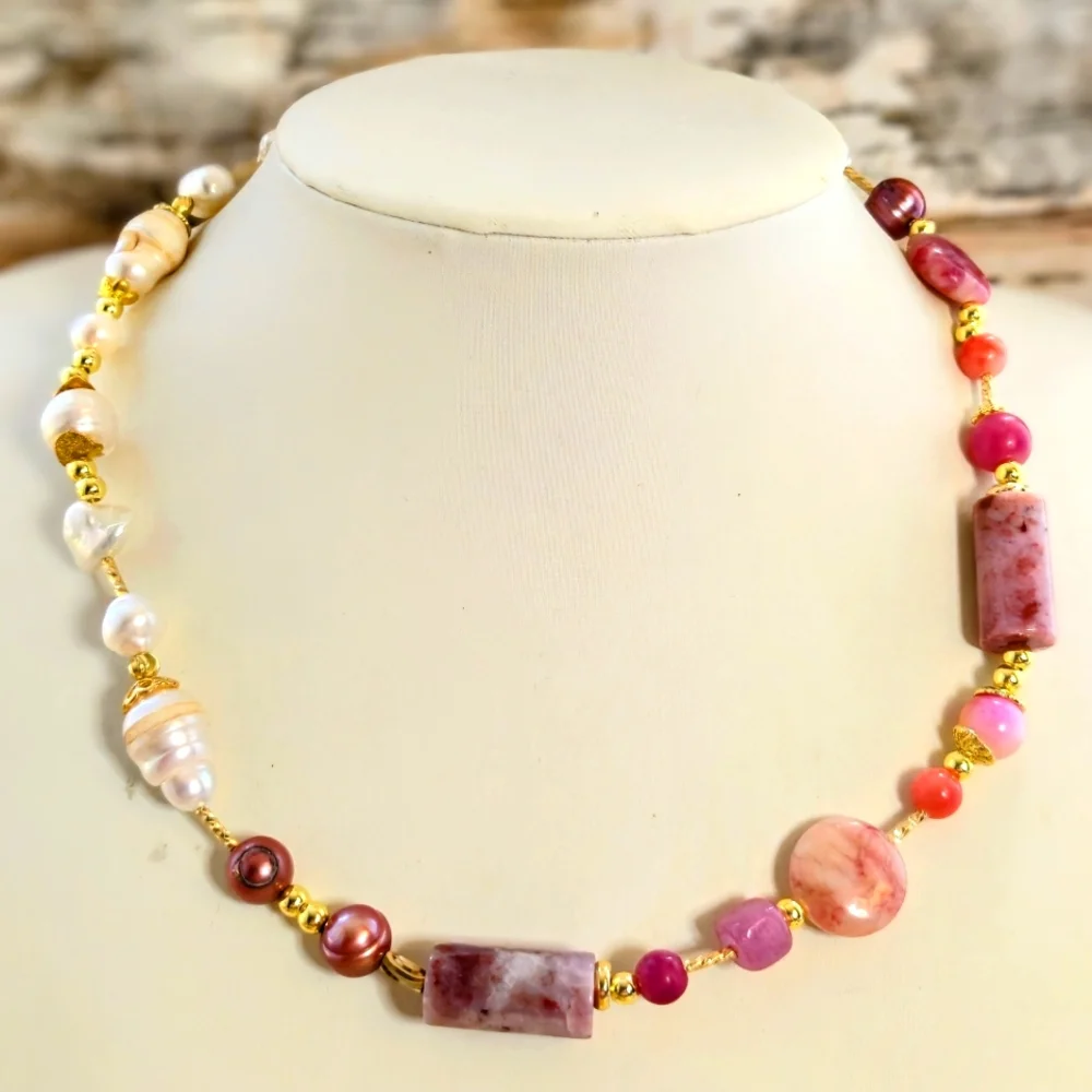 Natural Cherry Red Jade & White Baroque Pearls In Assymetrical Freeform Necklace